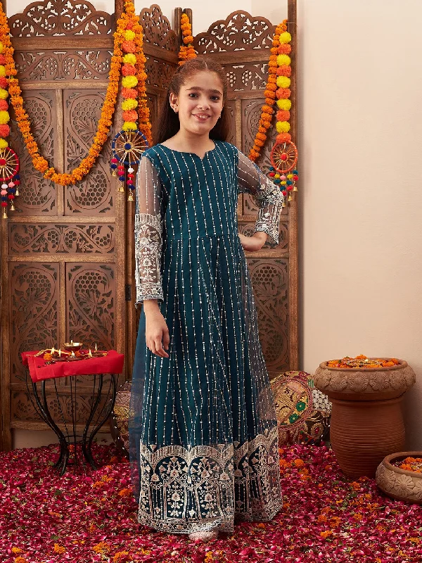 Girl's Teal Polyester Embroidered Dress - Cherry & Jerry Tunics Chic elegant