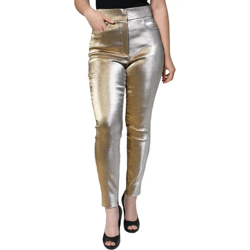 Dolce & Gabbana Metallic Gold High Waist Skinny Pants Comfy Zip-Up Pants
