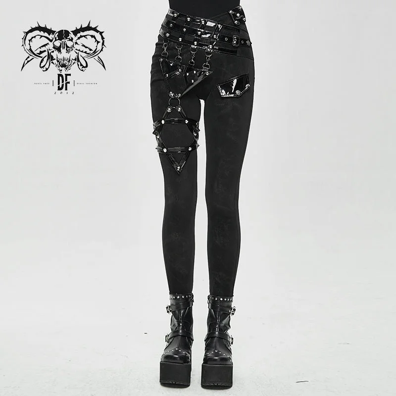 PT105 punk asymmetric knitted stretch women pants with leather loops Trendy Printed Pants PT105 punk asymmetric knitted stretch women pants with leather loops Trendy Printed Pants