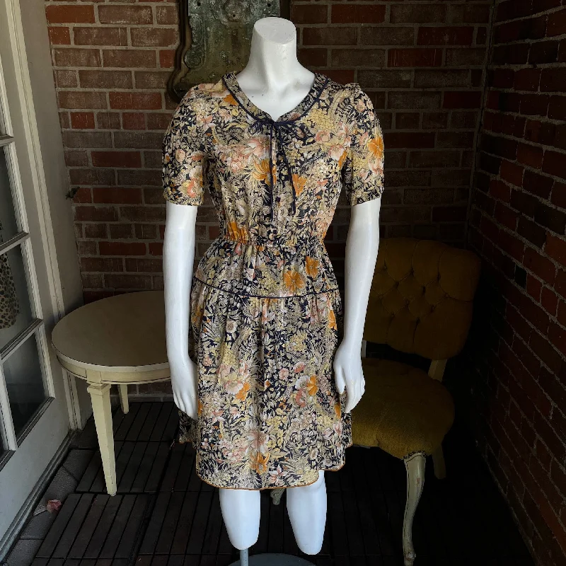 1970s Sheer Cotton Butterfly Floral Dress Boat Neckline Classic