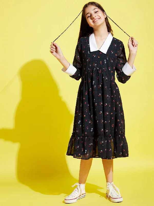Girl's Navy Blue Polyester Printed Dress - Cherry & Jerry Tunics Custom made