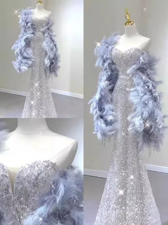 Stunning Silver Sweetheart Sequins Mermaid Long Formal Party Dress MD7400 Tunics Custom made