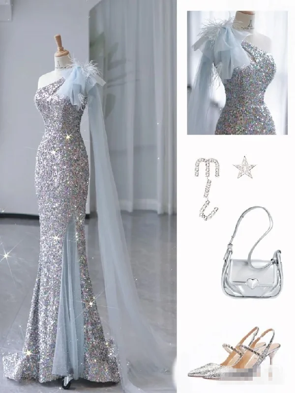 Silver One Shoulder Sequins Mermaid Long Formal Party Dress MD7476 Tunics Canvas sturdy