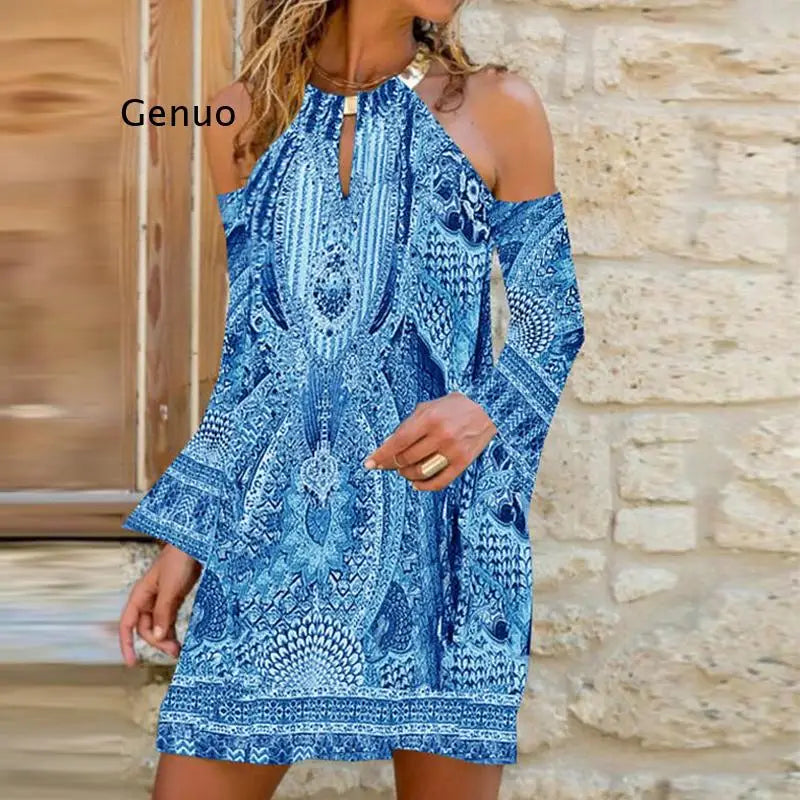 Women Sexy Halter Off Shoulder Boho Dress Autumn Batwing Long Sleeve A-Line Party Dress Elegant Vintage Floral Print Mini Dress Tunics Evening elegant