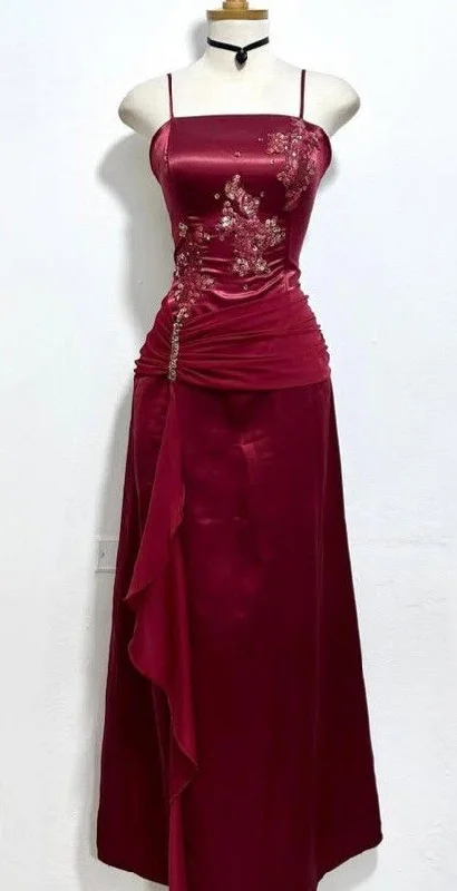 Wine Red Spaghetti Straps Appliques Sheath Long Formal Evening Party Dress, D220 Tunics Corduroy durable Wine Red Spaghetti Straps Appliques Sheath Long Formal Evening Party Dress, D220 Tunics Corduroy durable
