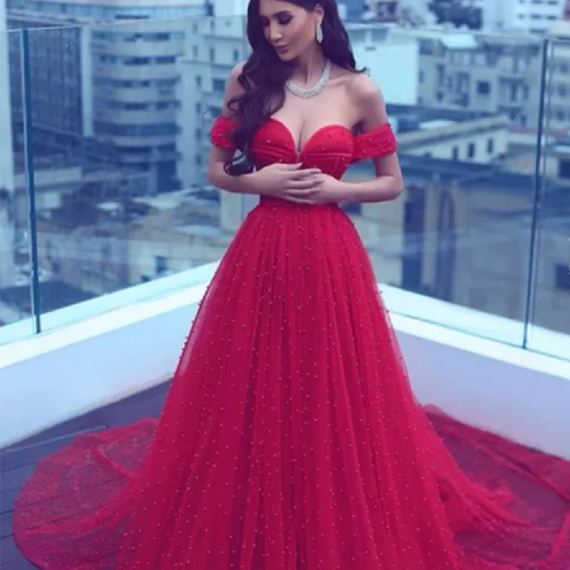 A-Line Off-the-Shoulder Court Train Dark Red Tulle Prom Dress With Beading ,Wedding Dress,Party Dresses,PDY0325 Tunics Solid Classic A-Line Off-the-Shoulder Court Train Dark Red Tulle Prom Dress With Beading ,Wedding Dress,Party Dresses,PDY0325 Tunics Solid Classic