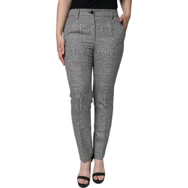 Dolce & Gabbana Gray Plaid Wool Mid Waist Women Tapered Pants Elegant Dress Pants