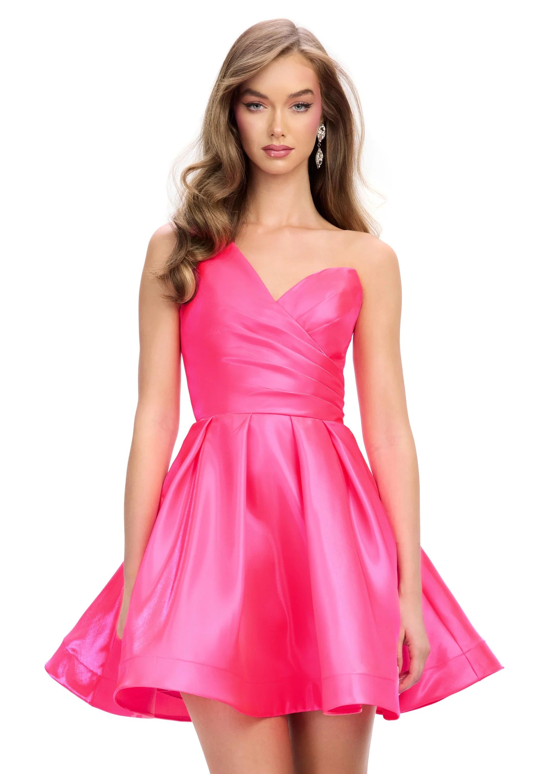 Ashley Lauren 4786 One Shoulder Satin Cocktail Dress Ruched Bodice A Line Skirt with Horsehair Trim Tunics Fashionable chic