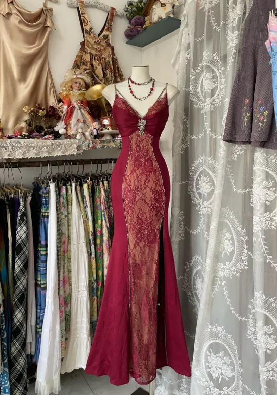 Wine Red Spaghetti Straps Mermaid Lace Vintage Long Evening Party Dress, D318 Tunics Denim casual Wine Red Spaghetti Straps Mermaid Lace Vintage Long Evening Party Dress, D318 Tunics Denim casual