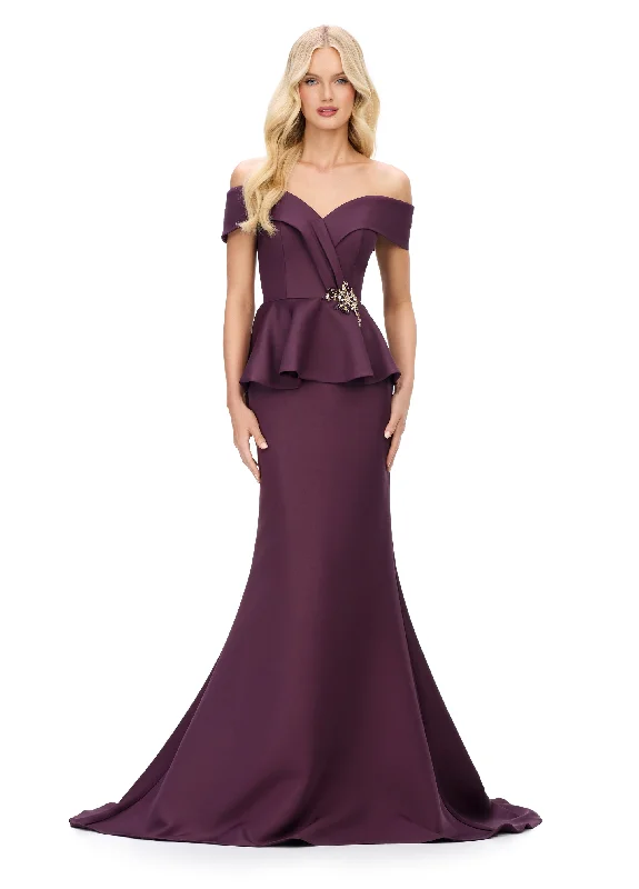 Ashley Lauren 11710 Off The Shoulder Evening Gown V Neckline Peplum Waist Long Fit and Flare Dress Tunics Solid Classic Ashley Lauren 11710 Off The Shoulder Evening Gown V Neckline Peplum Waist Long Fit and Flare Dress Tunics Solid Classic