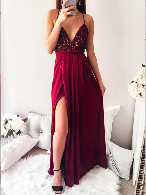 Spaghetti Straps Dark Red Long Prom Party Dress With Sequins,Cheap Prom Dress,PDY0394 Tunics Chic fashionable