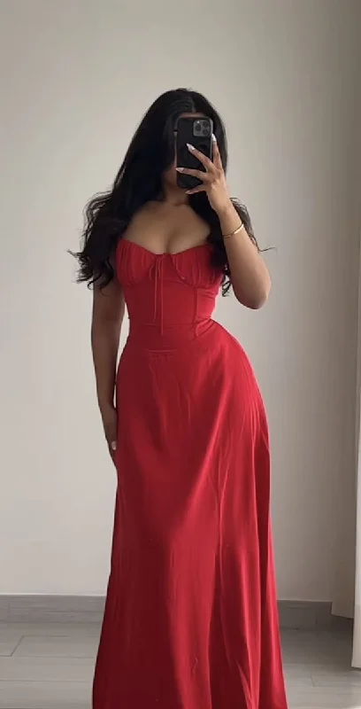 Red A-Line Straps Long Party Dress Wedding Guest Dress, D15 Tunics Office stylish