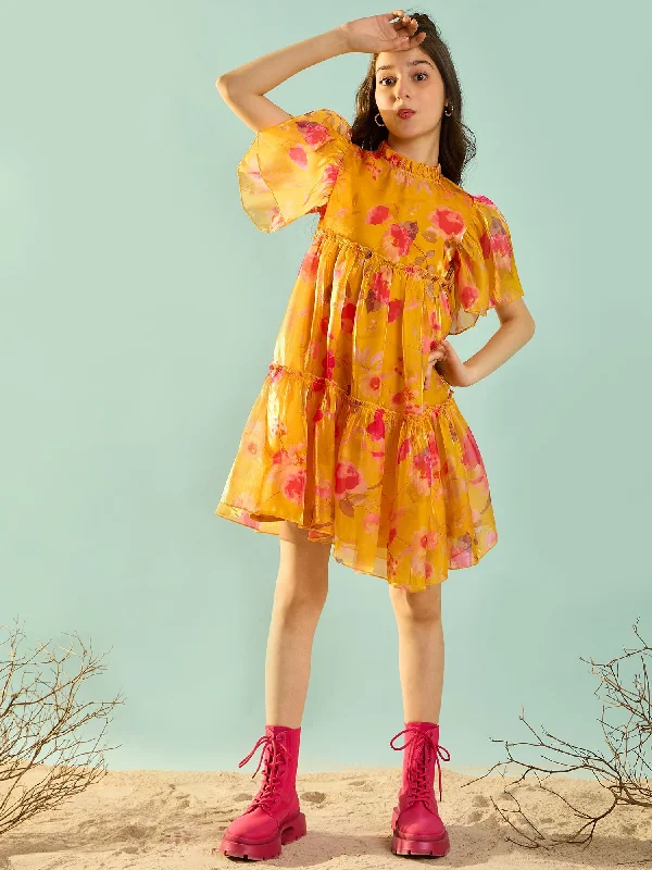 Girl's Yellow Polyester Printed Dress - Cherry & Jerry Tunics Modern contemporary