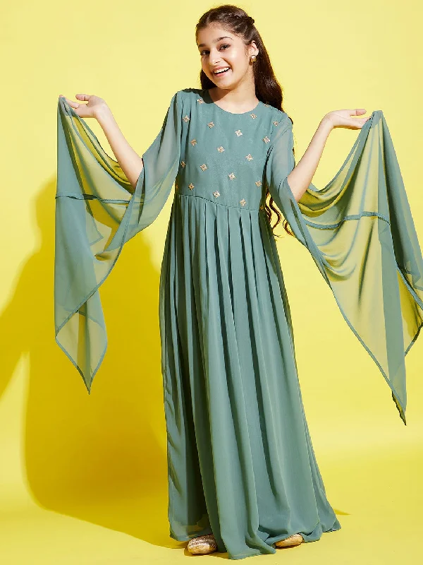 Girl's Sea Green Georgette Embroidered Dress - Cherry & Jerry Tunics Luxurious high-end