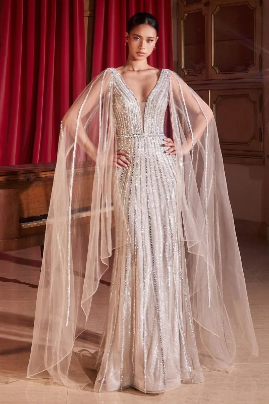 Andrea & Leo Couture CD865 Size 12 Platinum Long Shimmer Formal Dress Crystal Cape Sleeve Pageant Prom Mother Of Tunics Stylish elegant Andrea & Leo Couture CD865 Size 12 Platinum Long Shimmer Formal Dress Crystal Cape Sleeve Pageant Prom Mother Of Tunics Stylish elegant