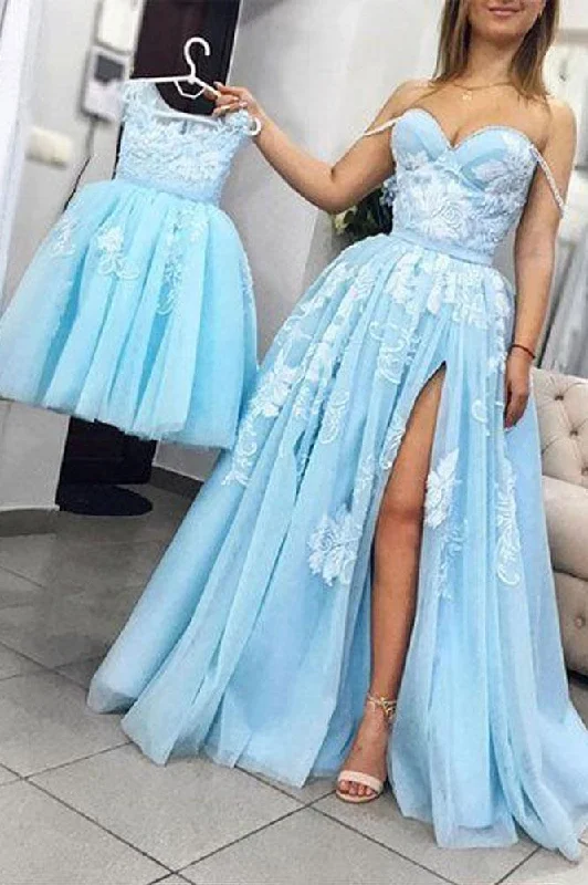 Cute Light Blue Front Split Long Prom Dress Party Dress Tunics Distressed trendy