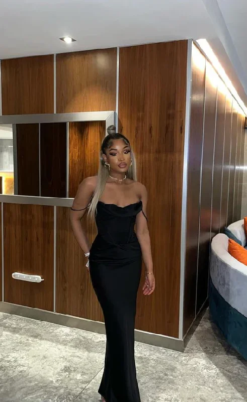 Sexy Spaghetti Straps Black Girl Mermaid Satin Long Party Dress MD7651 Bodycon Fitted Nightout Sexy Spaghetti Straps Black Girl Mermaid Satin Long Party Dress MD7651 Bodycon Fitted Nightout