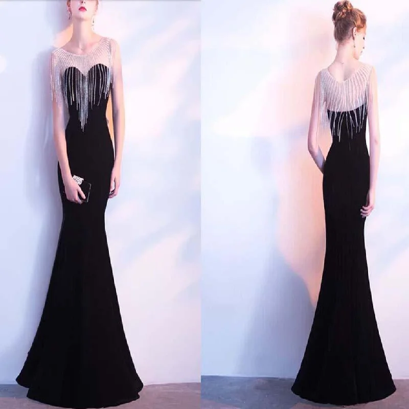 Illusion Neckline Black Mermaid Sexy Tassel  Affordable Prom Dresses, Evening Party Dresses,PDY0256 Lace Sexy Club
