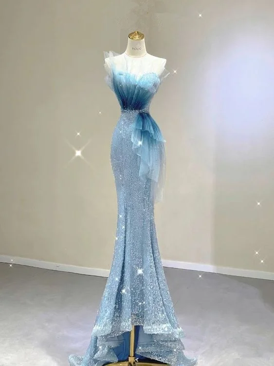 Stunning Blue Strapless Sequins Mermaid Long Evening Party Dress MD7446 Tunics Fall fleece