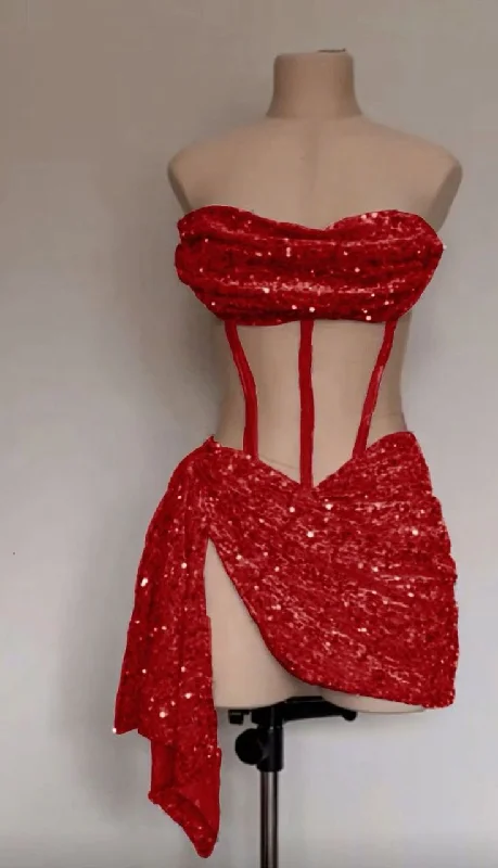 Sexy Red Strapless Sheath Sequins Mini Party Dress Birthday Outfits MD7272 Satin Halter Glamorous Sexy Red Strapless Sheath Sequins Mini Party Dress Birthday Outfits MD7272 Satin Halter Glamorous