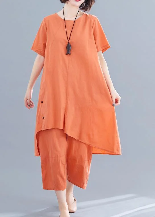 Korean version of the loose large size orange women's irregular tops + pants casual cotton and linen Modern Stretch Trousers Korean version of the loose large size orange women's irregular tops + pants casual cotton and linen Modern Stretch Trousers