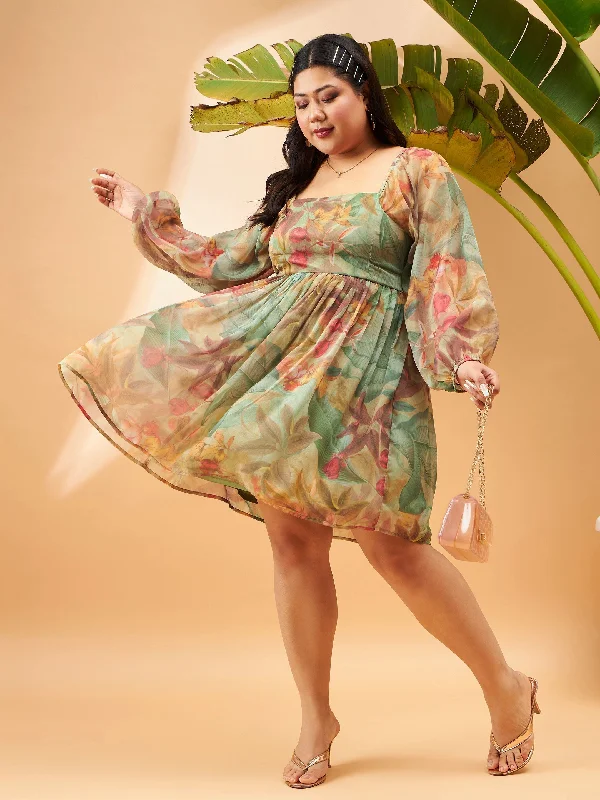Women Green Chiffon Jungle Print Back Smocking Skater Dress Tunics Travel practical