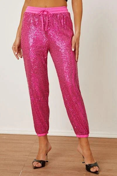 Sequin Drawstring Pants with Pockets Slim Fit Casual Pants