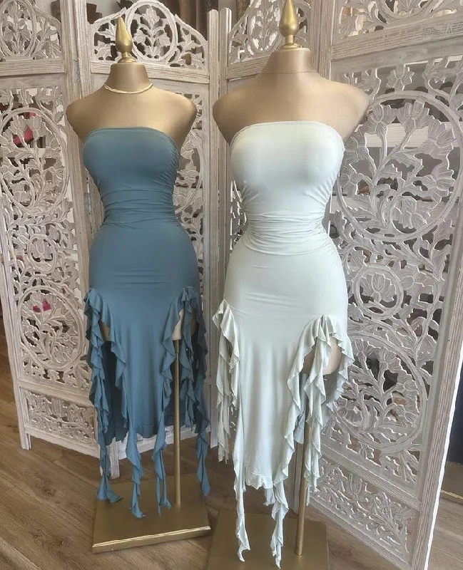 White Strapless Sheath Ruffles Long Party Dress Wedding Guest Dress, D286 Turtleneck Warm Winter White Strapless Sheath Ruffles Long Party Dress Wedding Guest Dress, D286 Turtleneck Warm Winter