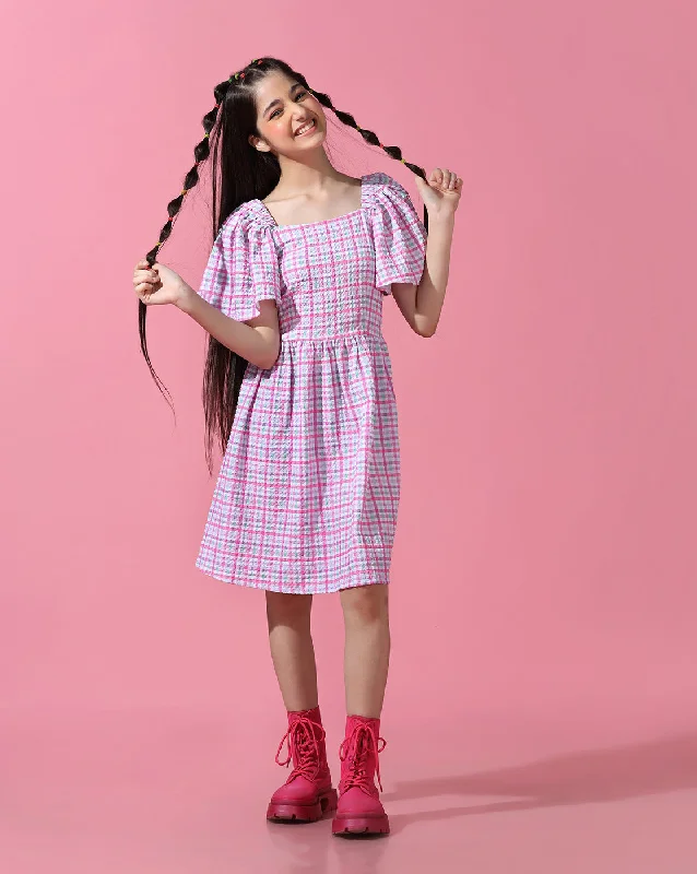 Girl's Pink Polyester Checked Dress - Cherry & Jerry Tunics Luxurious high-end