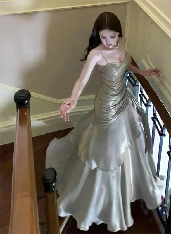 Silver Grey Straps Vintage Chiffon Long Party Dress Birthday Gown MD7487 Tunics Fleece cozy