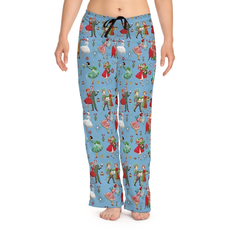 Retro Vintage Kitsch 1950s Christmas Women's Pajama Pants, Mid Century Modern Holiday Loungewear Cozy Jogger Leggings