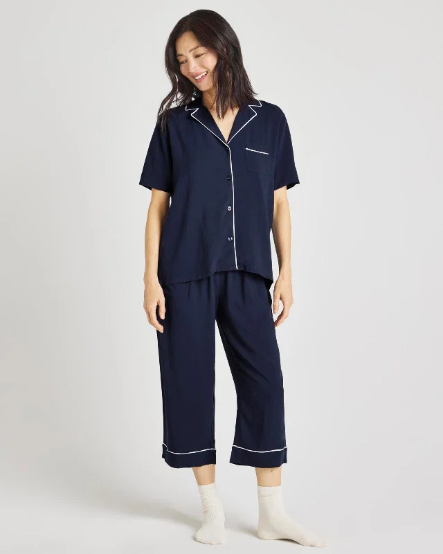 Navy Blazer Notch Top & Crop Pant PJ Set Lightweight Jogger Pants