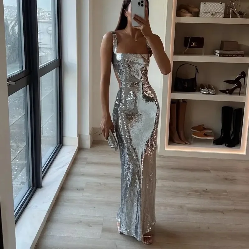 Silver Straps Sequins Sheath Long Party Dress Evening Gown, MD7923 Tunics Chinos classic