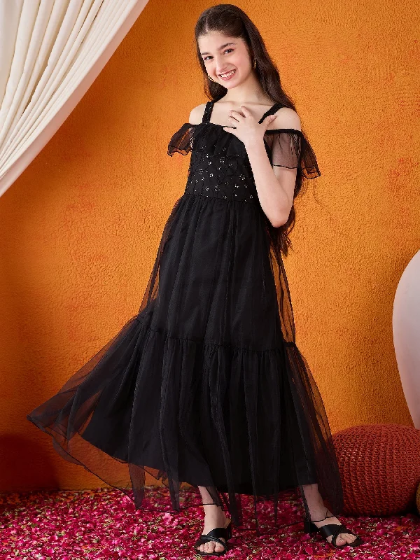 Girl's Black Polyester Solid Dress - Cherry & Jerry Tunics Fashionable chic