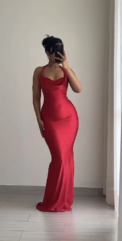 Sexy Red Halter Mermaid Satin Long Party Dress Evening Gown, MD7924 Tunics Sophisticated sleek Sexy Red Halter Mermaid Satin Long Party Dress Evening Gown, MD7924 Tunics Sophisticated sleek