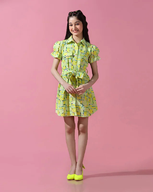 Girl's Green Polyester Printed Dress - Cherry & Jerry Tunics New arrival