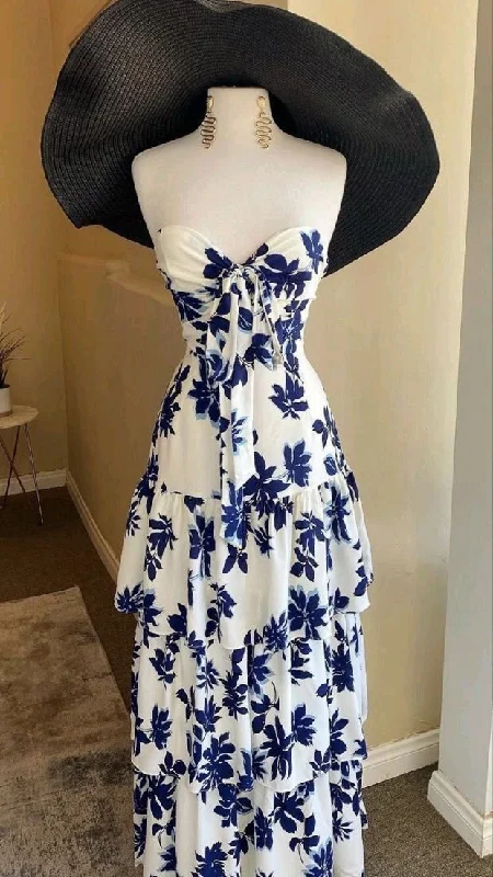 Sweetheart A-Line Printed Fashion Vacation Dress Long Party Dress, D10 Tunics Versatile stylish