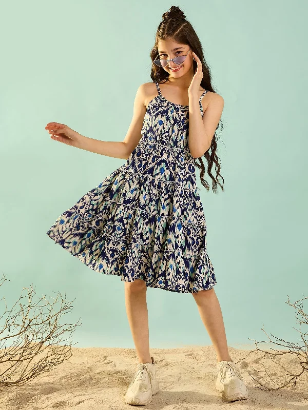 Girl's Blue Polyester Printed Dress - Cherry & Jerry Tunics Brand named