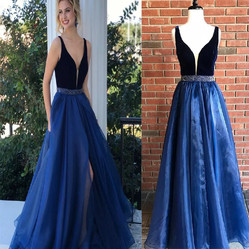Royal Blue Graduation Dress,Sexy Slit Royal Blue Prom Dress,V-neckline Split Formal Party Dress, PDY0183 Tunics Practical durable