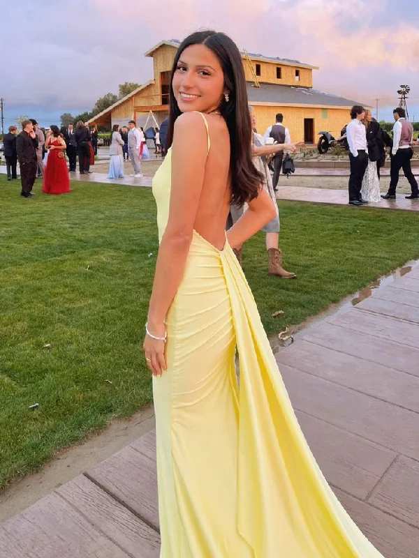 Yellow Straps Backless Mermaid Satin Long Party Dress, D184 Tunics Summer linen