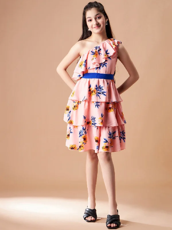 Girl's Peach Polyester Printed Dress - Cherry & Jerry Tunics Solid Classic
