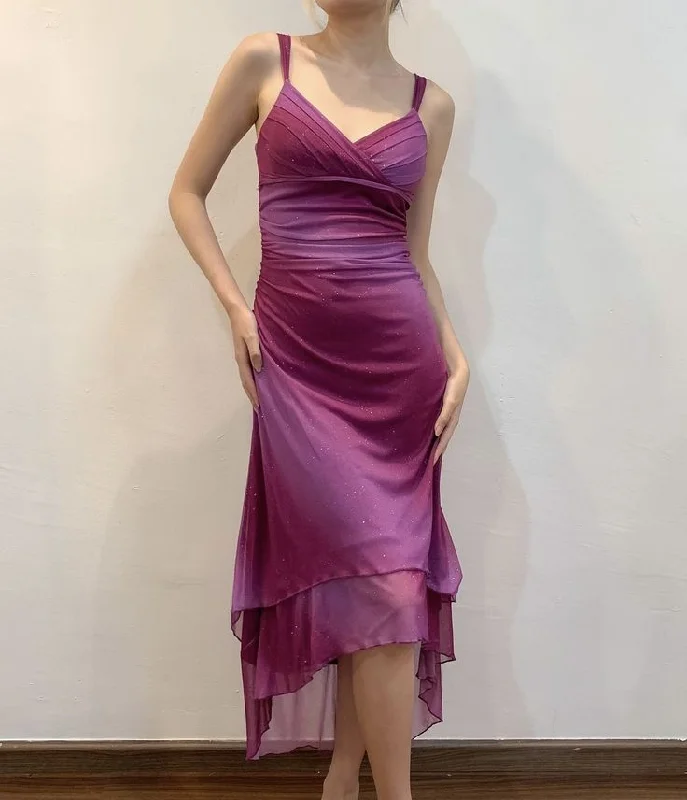 Shiny Purple V Neck Straps Sheath Vintage Party Dress Evening Gown MD7820 Tunics Silk luxurious