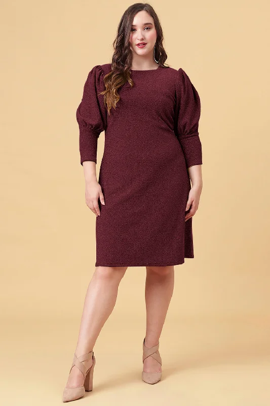 Women's Maroon Polyester Self Design Dress - Curvy Lane sweetheart Neckline Romantic