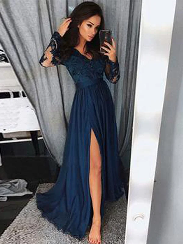 A-Line V-Neck Navy Blue Chiffon Prom Dress with Appliques Beading,Evening Party Dress,PDY0374 Tunics Chinos classic A-Line V-Neck Navy Blue Chiffon Prom Dress with Appliques Beading,Evening Party Dress,PDY0374 Tunics Chinos classic