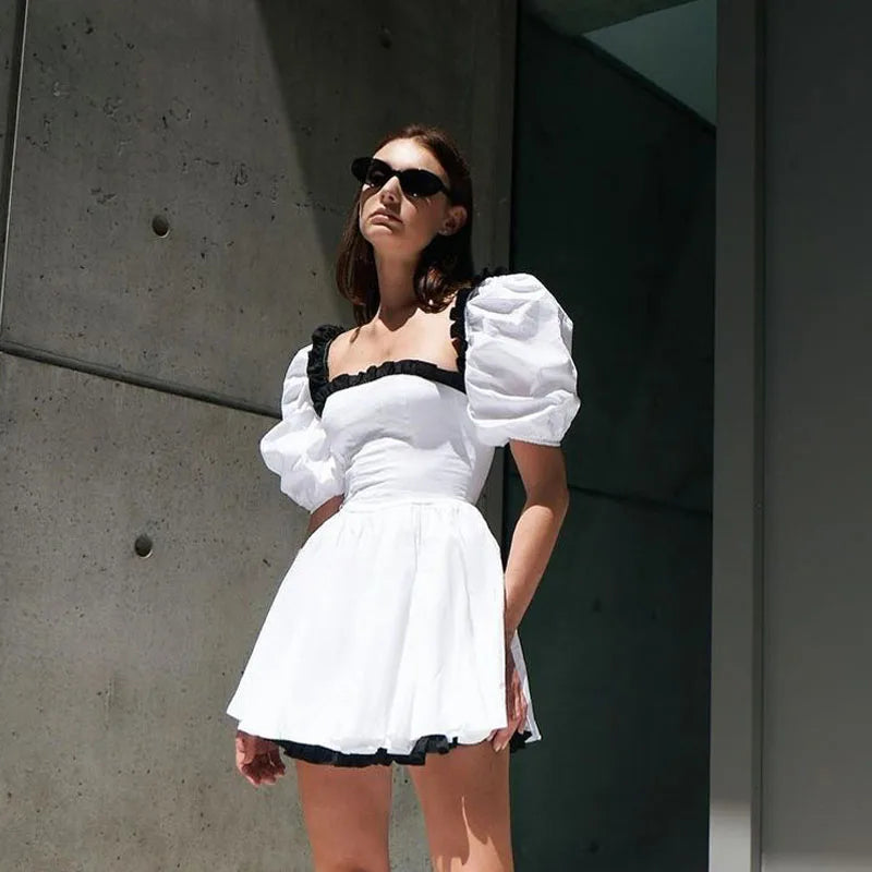 Bonnyshow Summer Black and White Contrast Color Square Neck Puff Sleeve Sexy Backless Dress Elegant Luxury Club Party Dress Vestidos Mermaid Tail Wedding Bonnyshow Summer Black and White Contrast Color Square Neck Puff Sleeve Sexy Backless Dress Elegant Luxury Club Party Dress Vestidos Mermaid Tail Wedding