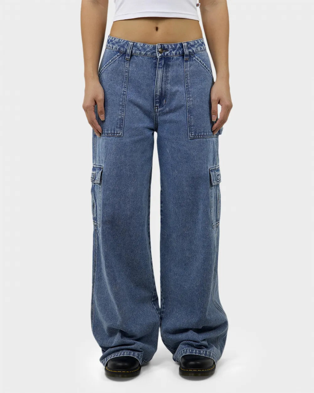 DICKIES Voss Aged Denim Utility Womens Pants - Stone Wash Indigo Trendy High-Waist Trousers