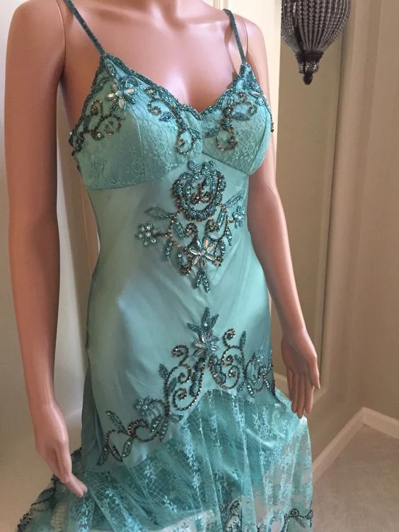 Turquoise Straps Lace Beading Sheath Vintage Long Party Dress MD7498 Tunics Cozy comfortable