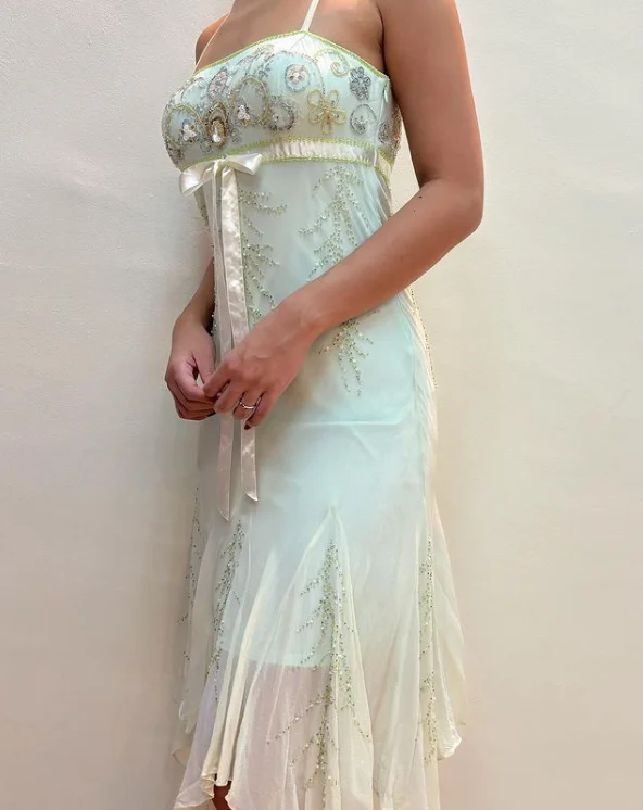 Spaghetti Straps Beading Ruffles Midi Length Vintage Party Dress, MD7929 Tunics Business professional