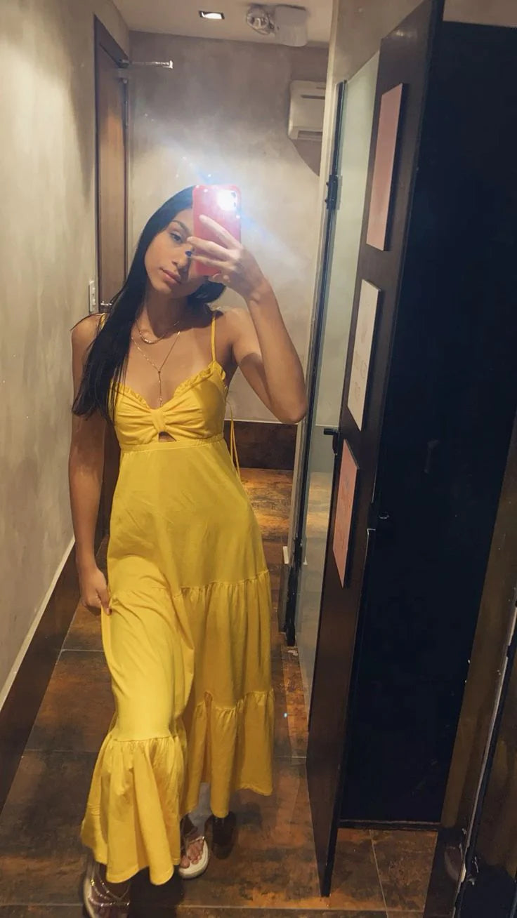Yellow Spaghetti Straps A-Line Long Party Dress Vacation Dress, D126 Tunics Winter warm Yellow Spaghetti Straps A-Line Long Party Dress Vacation Dress, D126 Tunics Winter warm