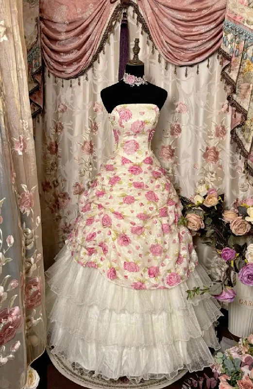 Strapless A-Line Rose Tiered Long Party Dress Vintage Evening Dress, D403 Tunics Winter warm
